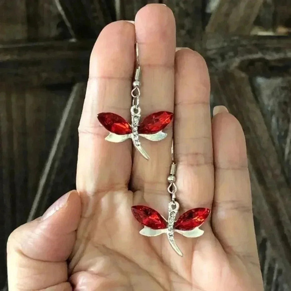 Ruby Red Crystal Silver Dragonfly Drop Earrings NWT - Picture 1 of 3